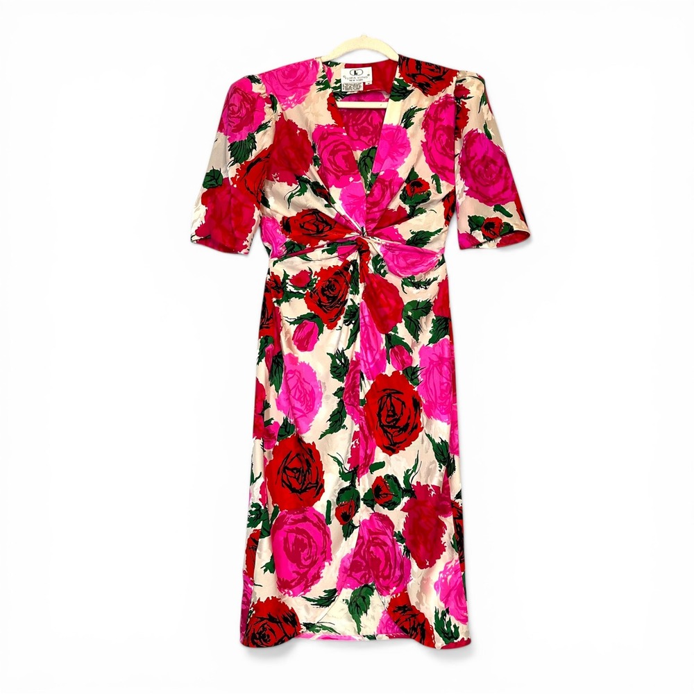 Flora Kung Midi Dress 8 Silk Vintage 80s Jacquard Rose‎ Print Twist Waist